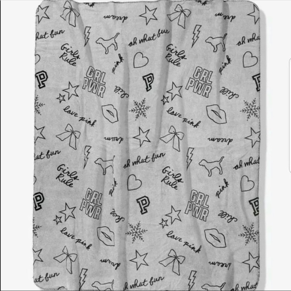 Victoria’s Secret PINK Let’s Doodle Gray Dog Girl Power Sherpa Throw Blanket - Picture 2 of 5